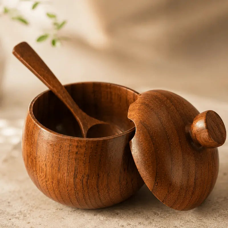 Wooden spice jar with spoon for elegant kitchen storage and organisation