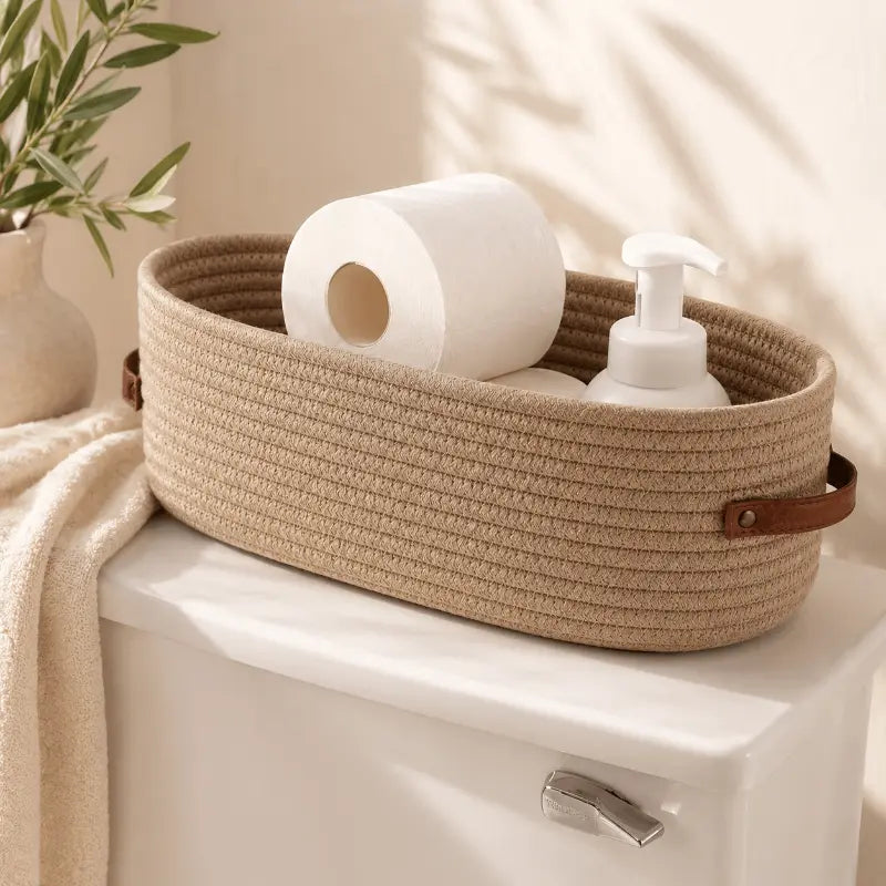 Woven storage basket with handles for stylish home organisation and décor