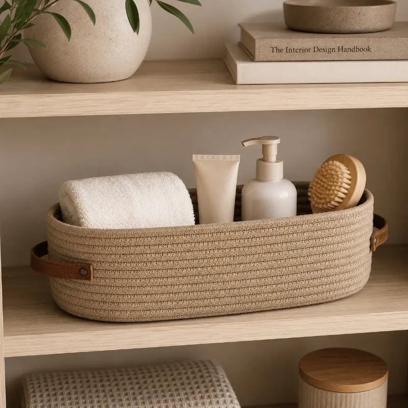 Woven storage basket with handles for stylish home organisation and décor